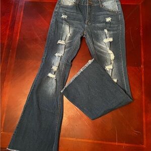 Women’s Distressed Dark Blue Flare Jeans